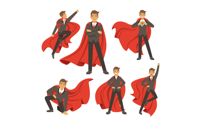 强大的商人超级英雄红斗篷披风卡通男性超人服装矢量插图