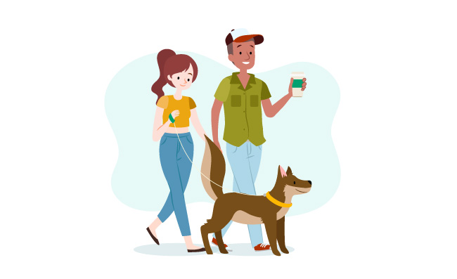 情侣带着宠物狗散步素材