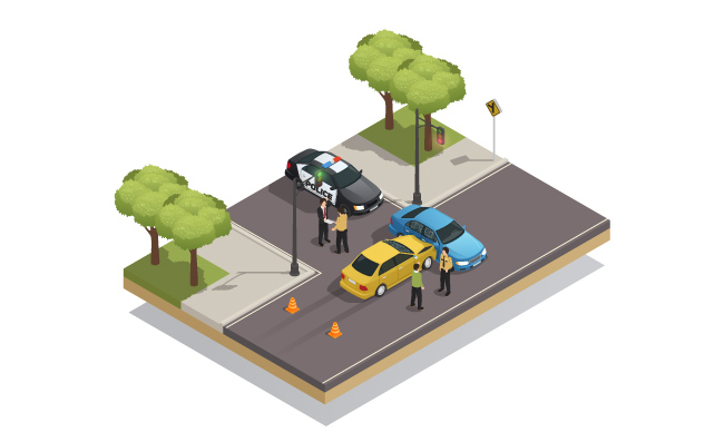 道路碰撞交通事故的汽车和警车矢量图