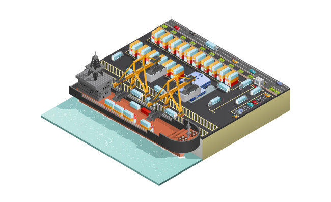 等距海上货物运输重型货船港口图片矢量