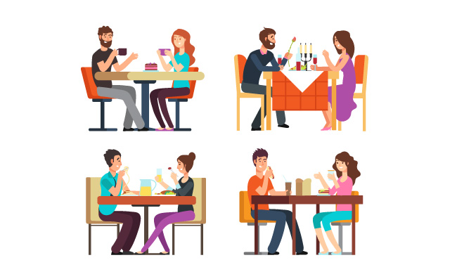情侣男女喝咖啡晚餐矢量卡通人物浪漫约会人物素材