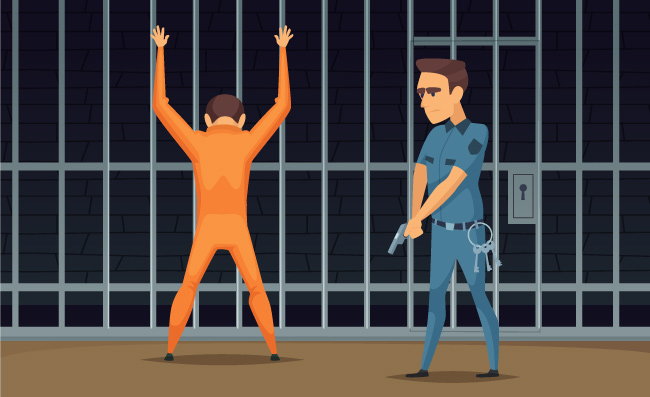 囚犯监狱警察对罪犯进行检查的场景素材人物插图