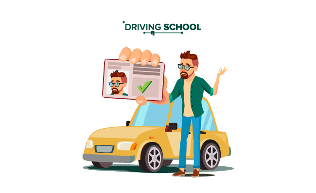 取得驾驶执照通过考试学开车的矢量男士人物素材