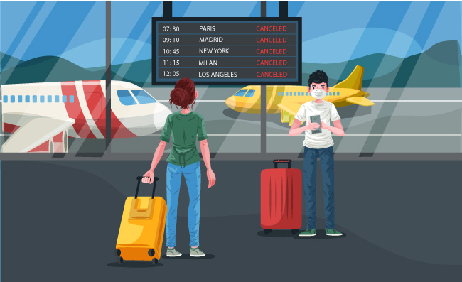 取消飞行的机场旅客乘客矢量插图