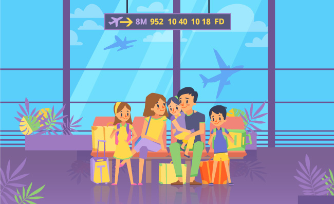 去度假坐在机场航站楼等待的乘客幸福的一家人孩子儿童行李箱素材场景