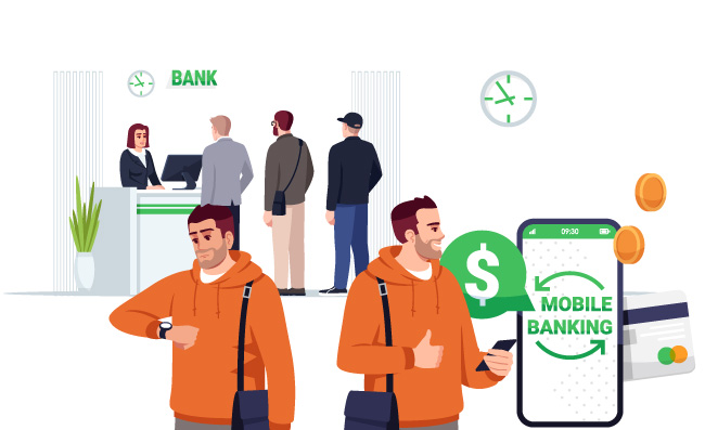 人们在银行排队等候接待手机银行电子商务使用移动应用程序银行顾客漫画人物矢量插图