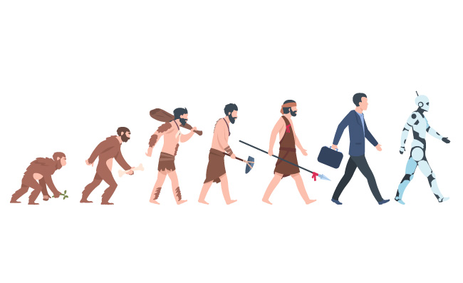 人类进化猴子商人机械装置从古老猿到人成长矢量人类进化过程