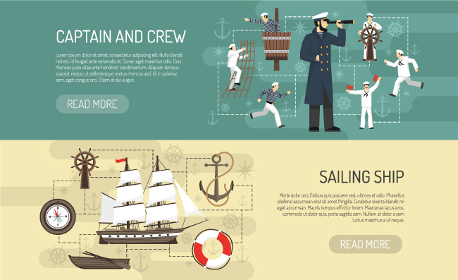 帆船船长船员航行横幅网页设计矢量图