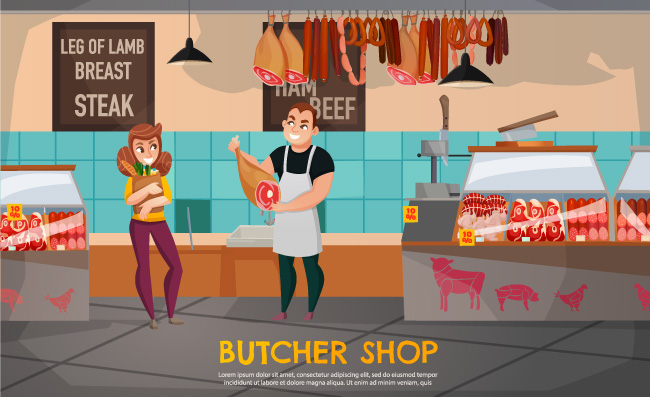 肉铺卖肉的商户和客户人物场景素材