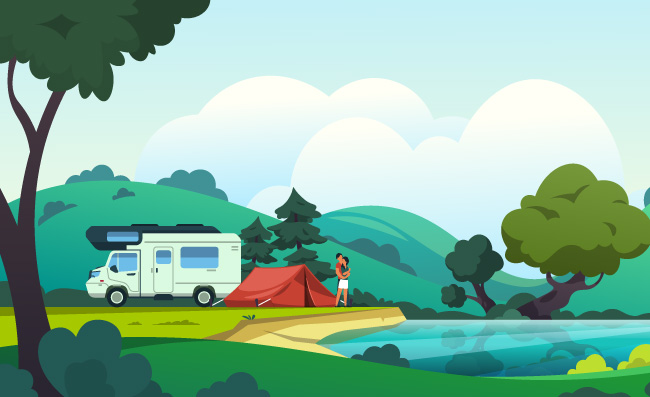 森林湖边露营夫妇美好自然场景矢量风景插图