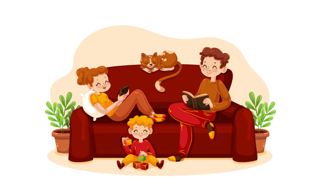 沙发上家庭享受一起度过时光的父母孩子小男孩素材
