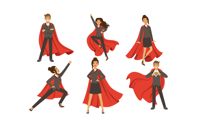商人超级英雄行动姿势女超人飞行卡通女实业家矢量插图