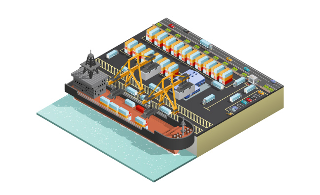 港口固定式起重机海上货物运输重型货船等距矢量图