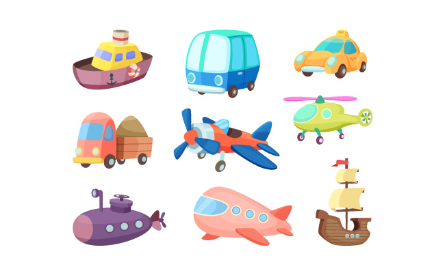 各种各样飞机轮船汽车等玩具直升机潜艇儿童玩具矢量图片