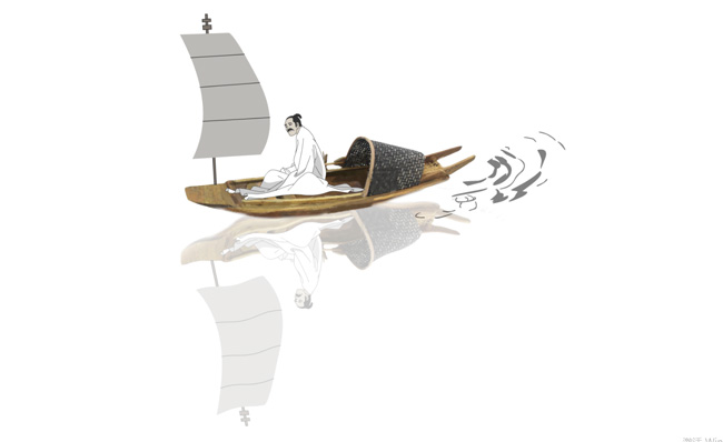 水墨古船手绘古人乘舟动画mov通道视频素材