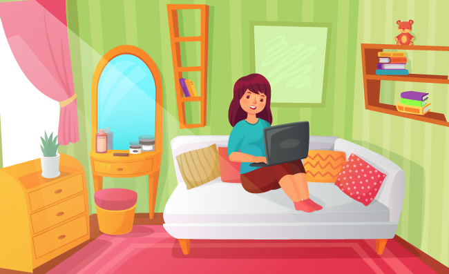 少年公寓女学生卧室房间在家网上学习阅读青年女性卡通插图