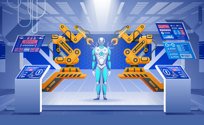 生产制作机器人高科技智能未来商务办公实验室矢量插画