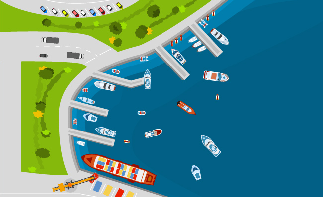 海边港口顶视图海报港口码头区货船矢量图