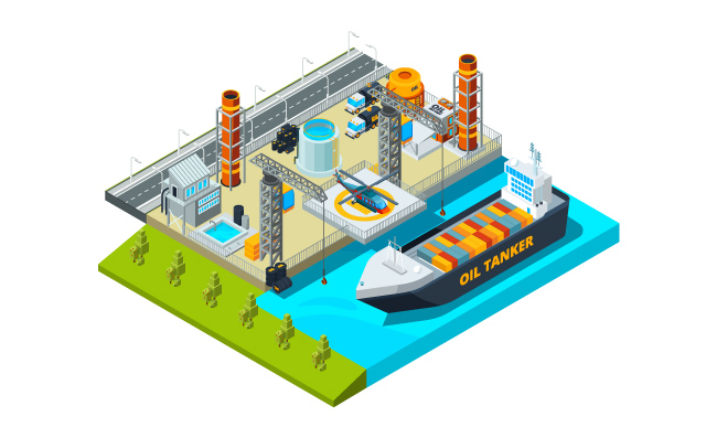 海港货船油箱海边工厂海口码头工厂3d立体运输工业建筑船舶矢量