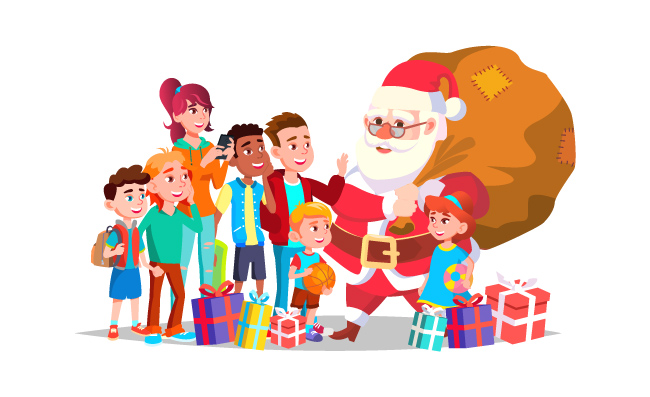 圣诞老人和孩子们新年礼物装饰元素卡通插图