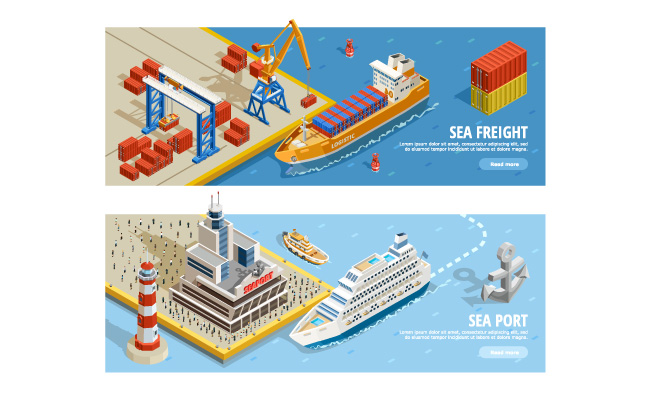 海上运输巡航和工业船舶集装箱起重机灯塔矢量图
