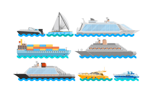 海上运输远航运输集装箱巡航舰艇轮船游艇帆船矢量图