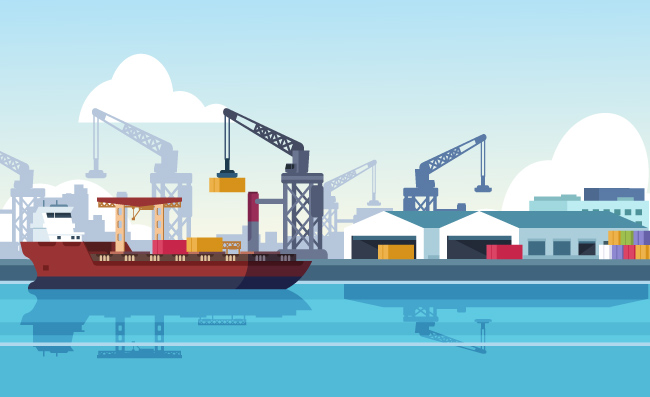 海洋港口航运货船和货运码头海上集装箱矢量插图