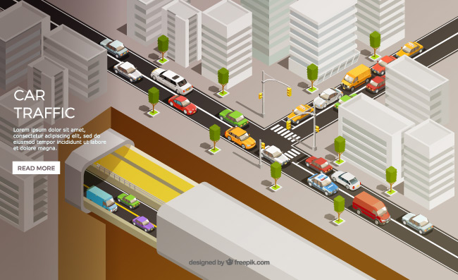 航拍城市道路车辆公路交通矢量立体插图