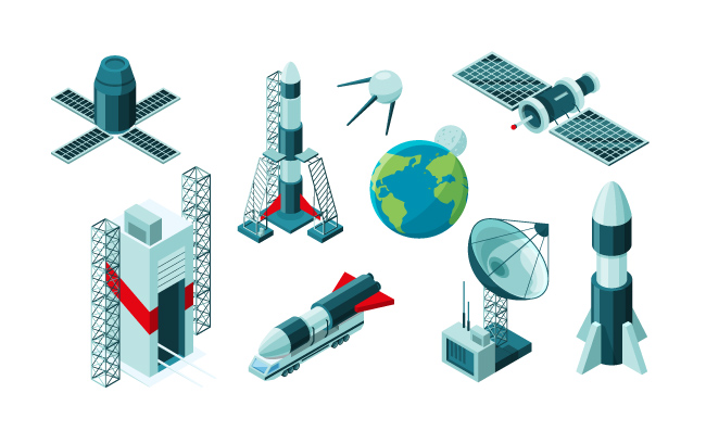 航天中心等距穿梭站火箭卫星飞船立体矢量素材