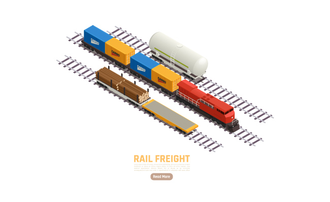 火车运输木材木料油罐气体液体运输等距货物火车车厢图像矢量图