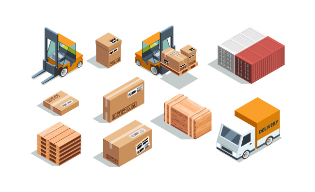 货物装载货运叉车不同箱子分发装运的插图矢量