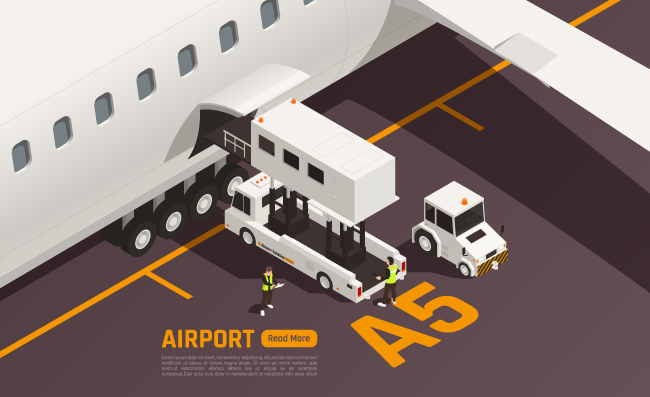 机场等距加载行李飞机行李货运矢量图