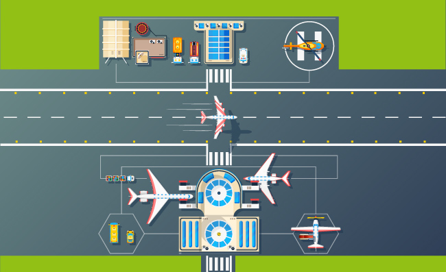 机场跑道顶视图机场航拍插图带起飞和起飞的飞机矢量素材