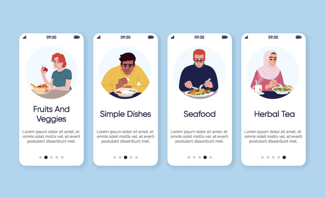 食物类型移动应用程序屏幕矢量模板多种营养选择