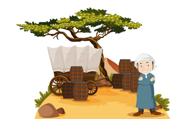 矢量阿拉伯卡通人物场景车木桶松树素材插图
