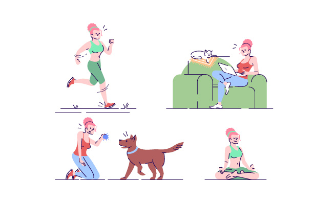 矢量插图女人与宠物狗运动瑜伽业余爱好沙发上女孩生活方式孤立的卡通人物