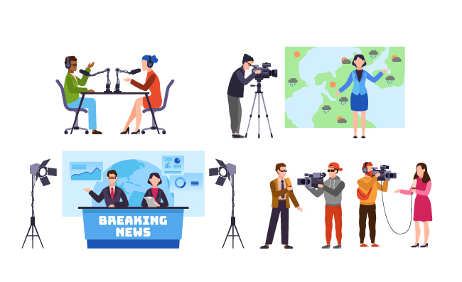 矢量记者新闻广播员和新闻工作者的职业媒体记录电视业新闻采访摄影师