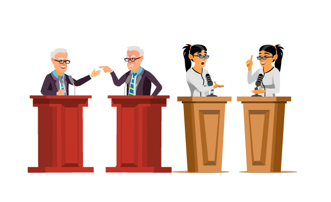 矢量男人女人发表公开演讲商人演讲台争辩人物矢量政客辩论卡通人物插图扬声器
