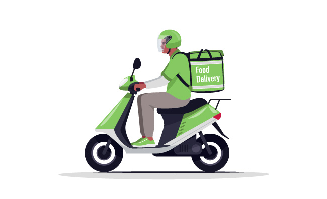 矢量图摩托车头盔绿色制服送货人快餐员速递员漫画人物