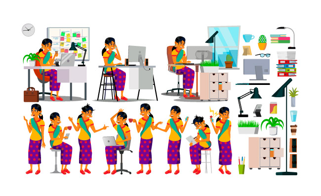 矢量印度人在办公职业女性软件开发程序员不同姿势情绪卡通人物插图