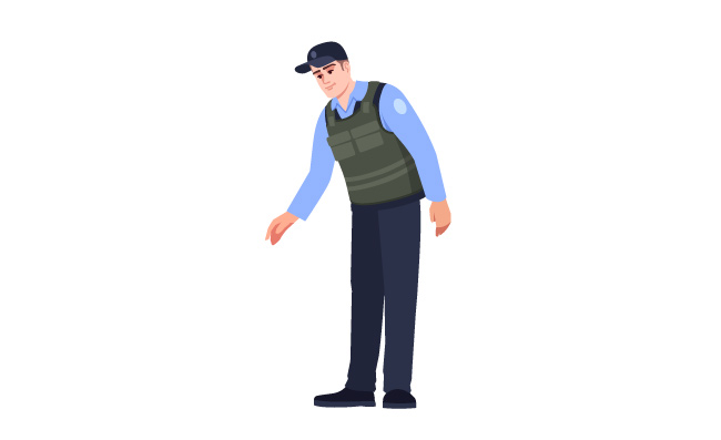 矢量执法人员安保人员公共安全卫士防弹背心的警察漫画人物矢量图