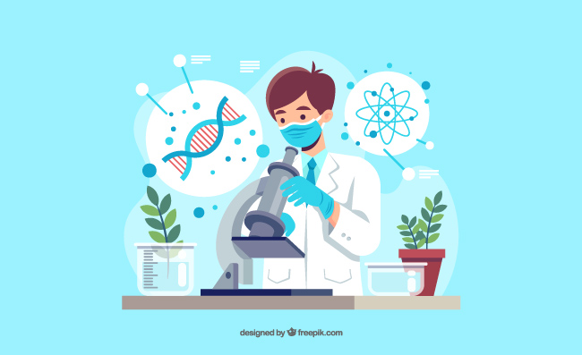 使用显微镜的科学家生物技术研究插图矢量