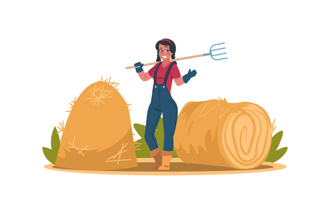 收割稻草农业工作卡通农民人物在田里工作矢量插图