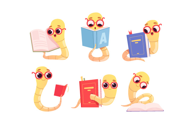 书呆子卡通小蛇阅读图书动物矢量插图