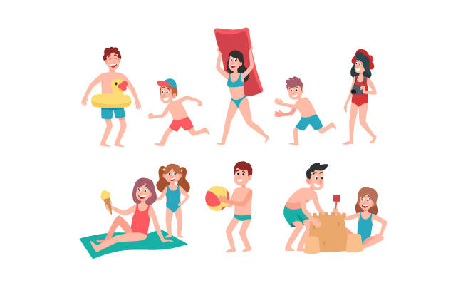暑假假期儿童孩子们在海滩玩日光浴休闲的卡通矢量插图