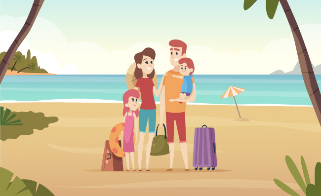 暑假在海边家庭旅行的父母孩子矢量卡通背景