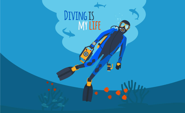 水下潜水者潜水插图鱼和珊瑚潜水员