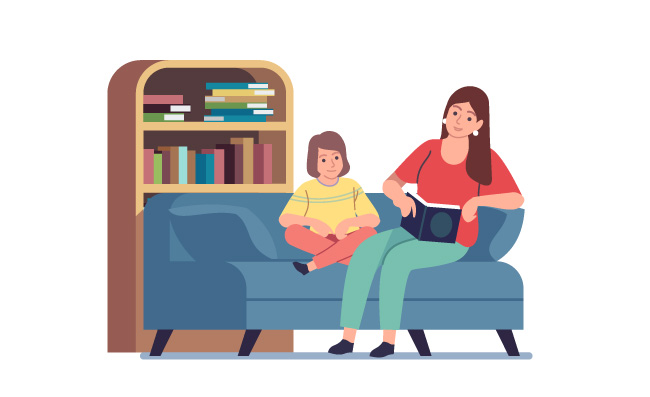 睡前故事母亲给孩子读书愉快的家庭母亲和孩子一起阅读人物素材