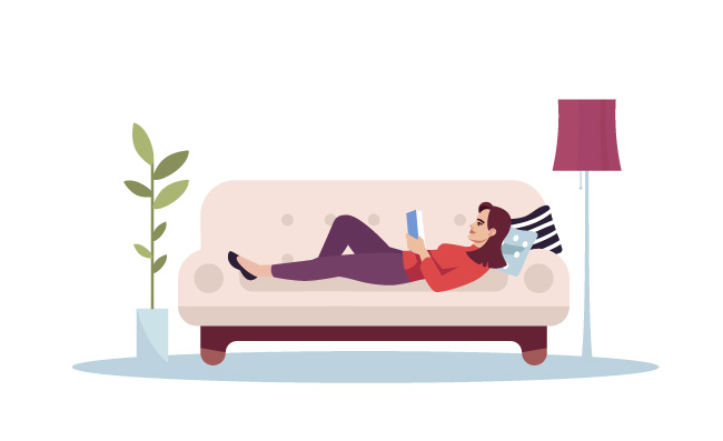 躺在沙发上休息读书放松的人家庭休闲卡通人物女人矢量图