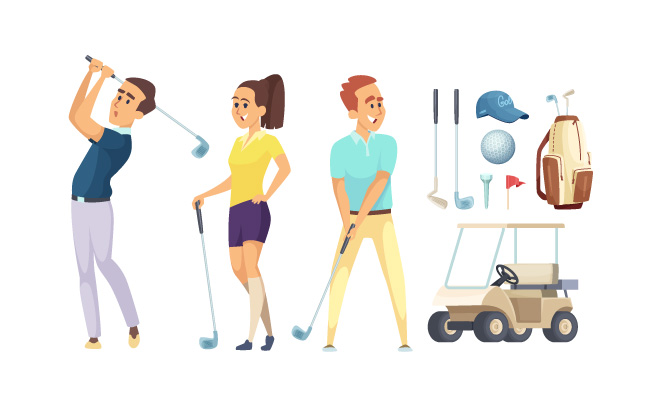 体育高尔夫球各种工具高尔夫球员休闲运动员体育人物矢量卡通插图